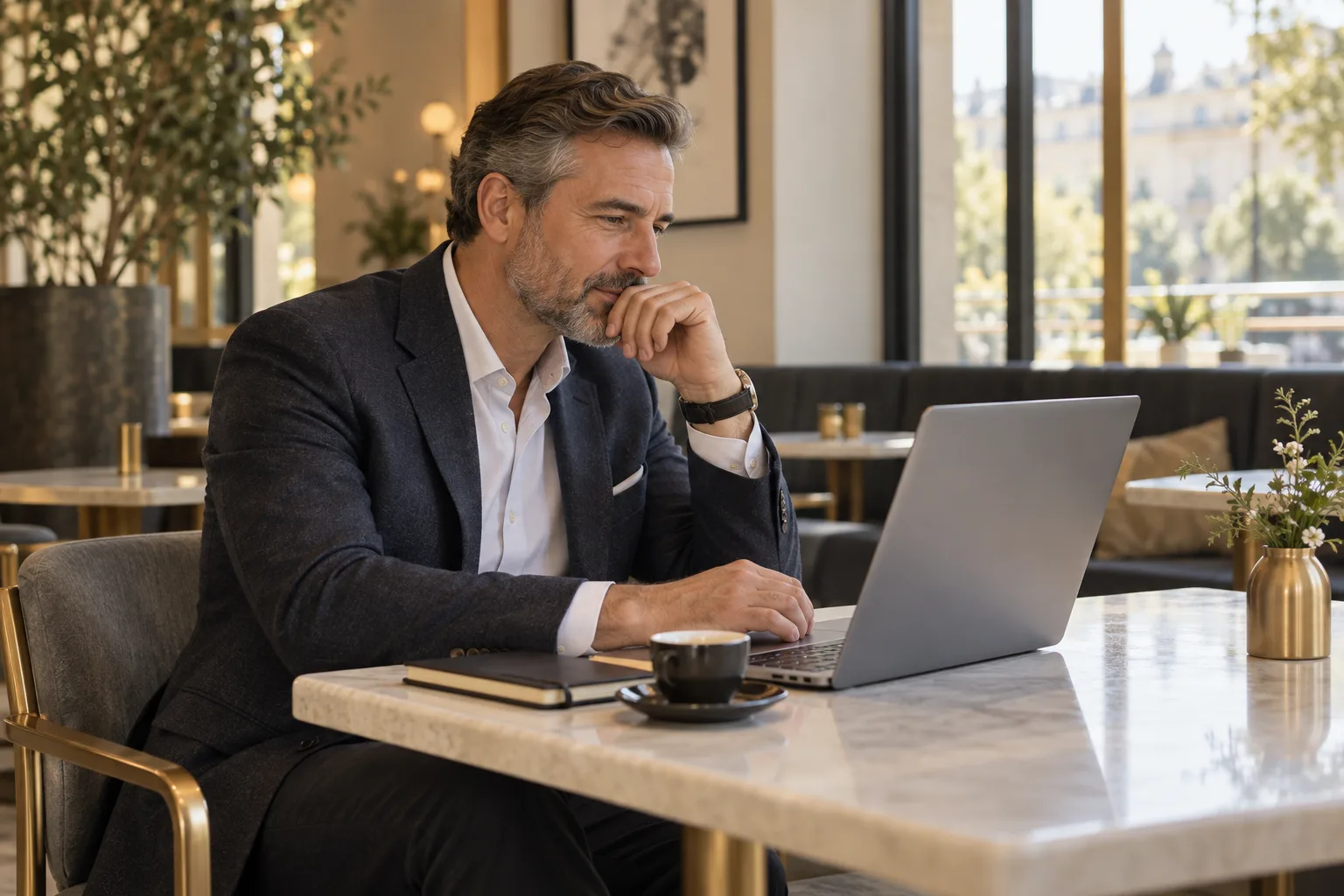 AI-generated editorial illustration of a man reviewing a laptop in a quiet cafe
