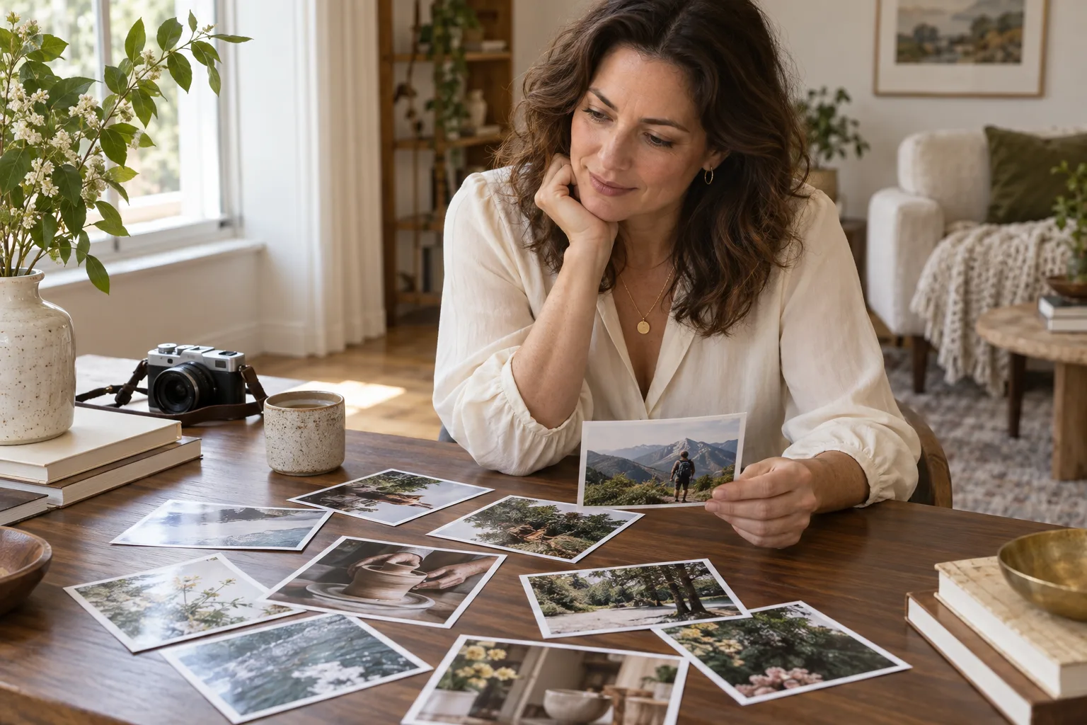 AI-generated illustration of a woman selecting photographs that represent her interests